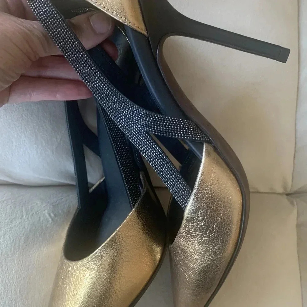 NWOT BRUNELLO CUCINELLI gold leather 4 inch heel pumps w/ signature beads sz 37 - Picture 7 of 8